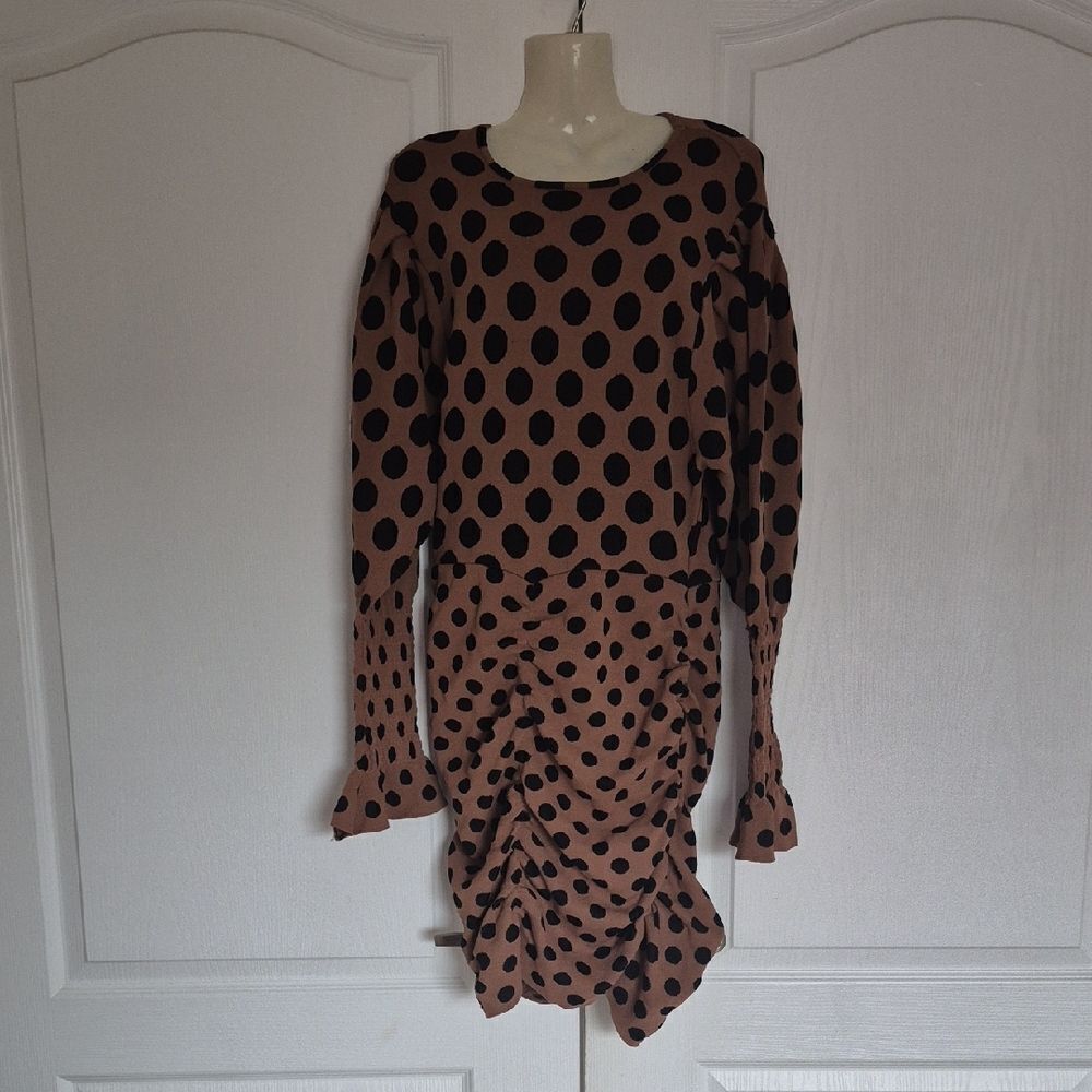 Zara Tan and Black Polka Dot Long Sleeve Dress